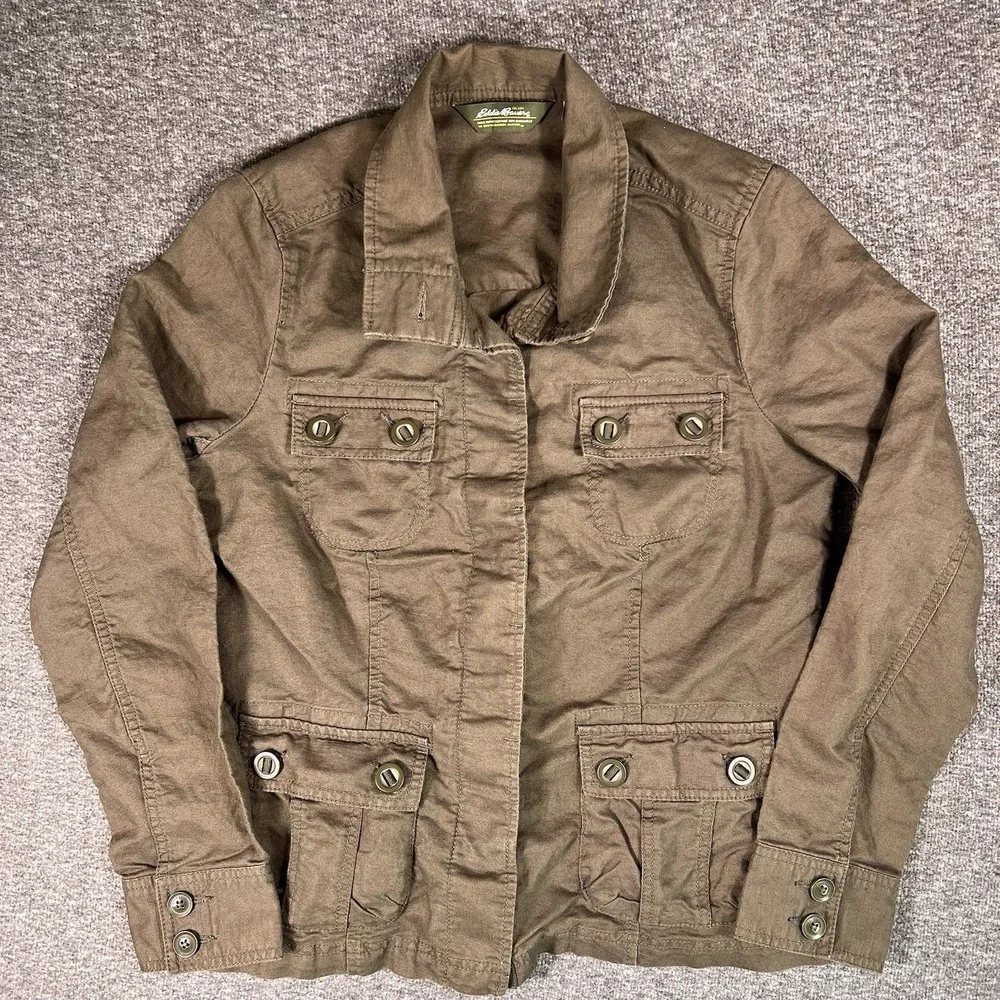 Eddie Bauer Jacket Women M Olive Linen Blend Safari Casual Safari Utility Earthy